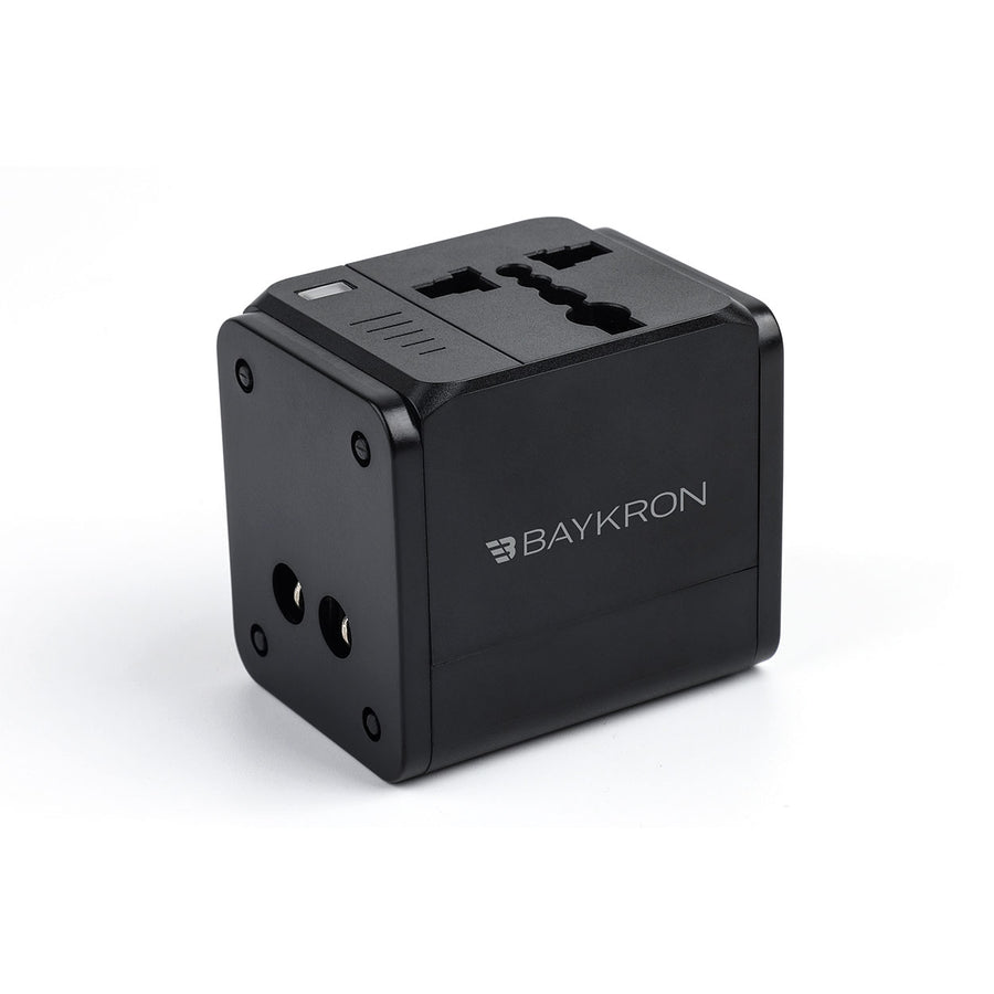 The BAYKRON Universal World Travel Adapter with dual 2.4A USB charging ports; Can simultaneously charge two devices with USB. Compatible with over 150 countries on all continents.