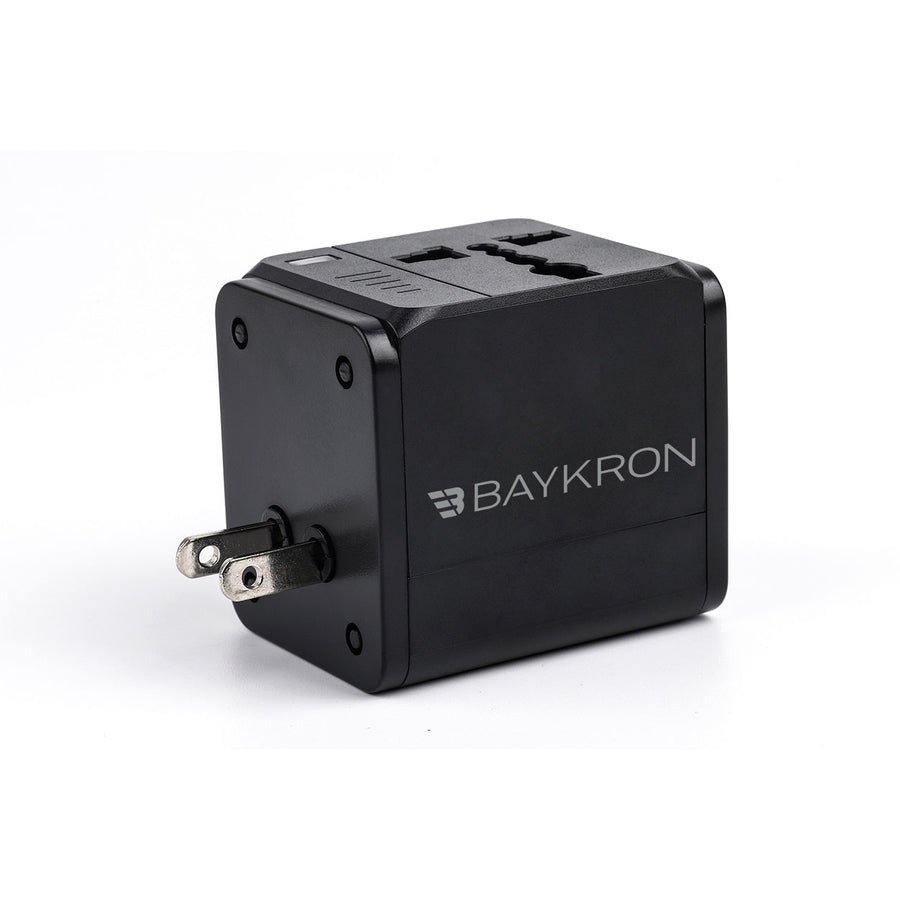 The BAYKRON Universal World Travel Adapter with dual 2.4A USB charging ports; Can simultaneously charge two devices with USB. Compatible with over 150 countries on all continents.