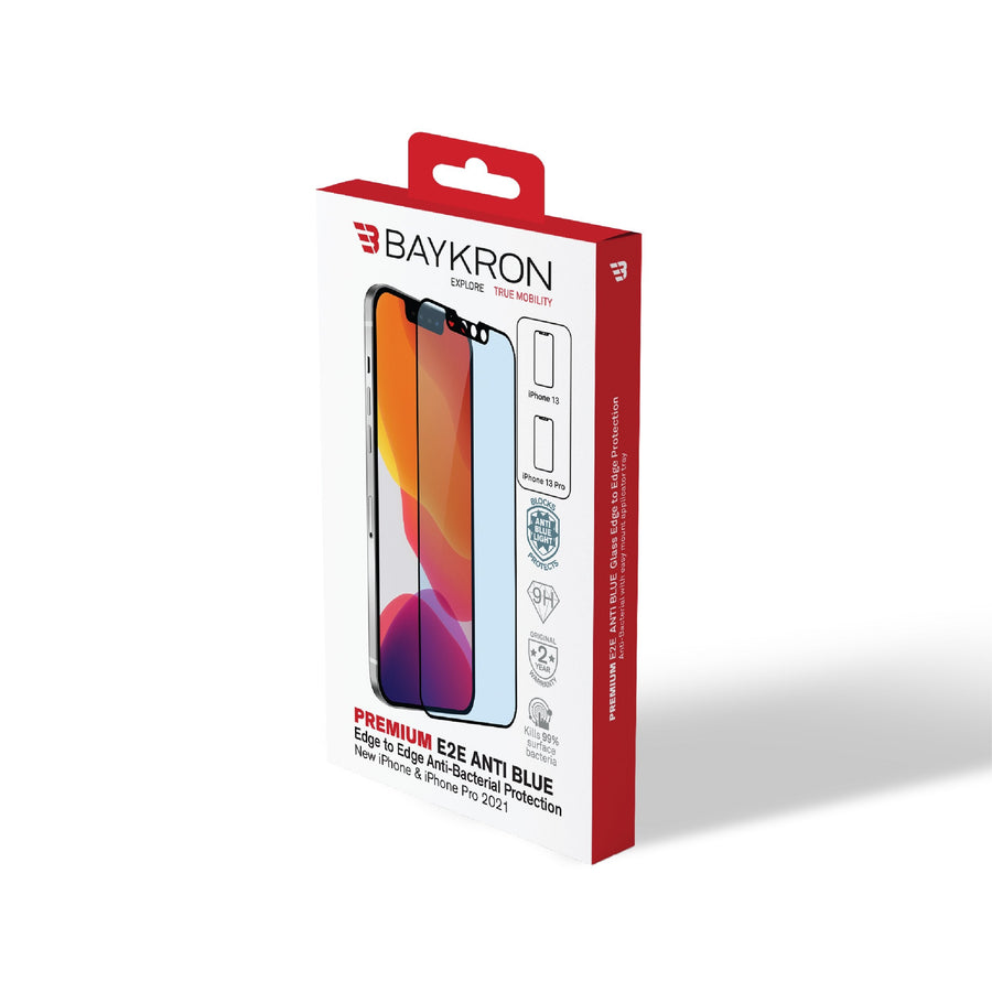 واقي شاشة BAYKRON فاخر من الزجاج المقوى بفلتر الضوء الأزرق لهواتف iPhone 13/13 Pro 6.1 بوصة - تغطية من الحافة إلى الحافة وحماية من البكتيريا ؛ تتضمن أداة تثبيت سهلة التركيب