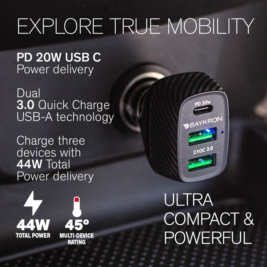 BAYKRON Smart Car Charger with 3 Charging Ports; 2 Qualcomm Quick Charge™ (QC3.0) Ports and USB Type-C™ Power Delivery 20W