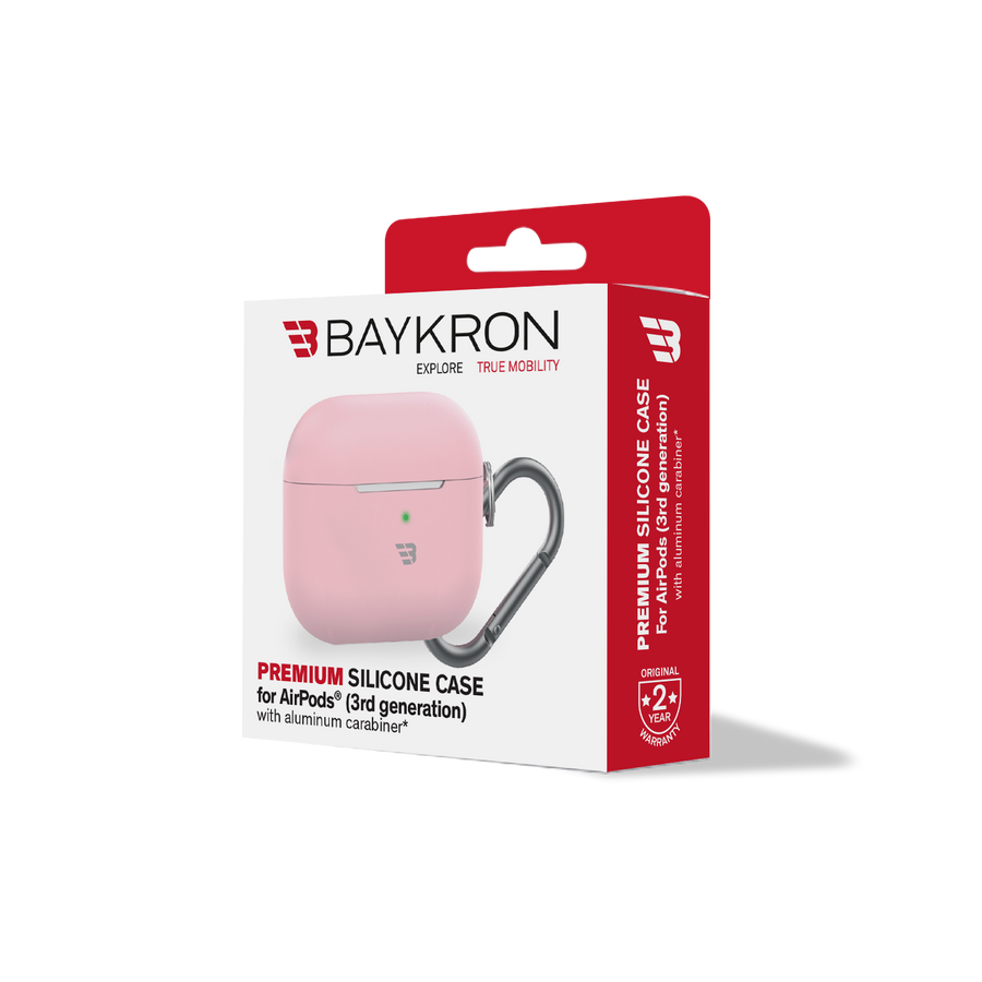 BAYKRON Premium Silicone Protective Case for AirPods® 3rd Generation, Impact Resistant and Wireless Charging Compatible, Includes Carabiner - Pink
