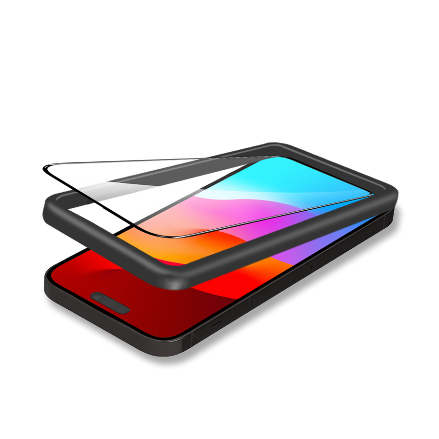 واقي شاشة بايكرون مزدوج من الزجاج المقوى عالي الجودة من الألومنيوم ثلاثي الأبعاد عالي الدقة من الحافة إلى الحافة، شفاف مع أداة تطبيق لهاتف iPhone 15 pro max.
