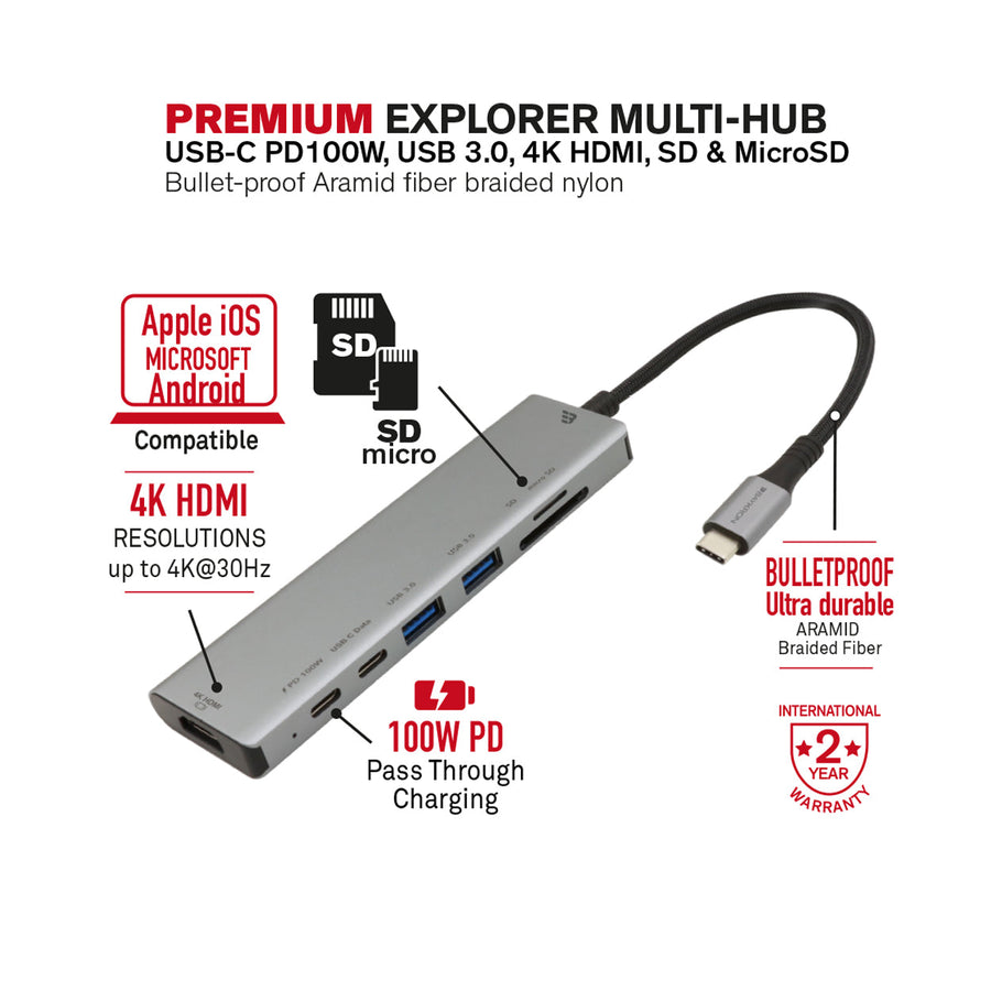 BAYKRON Premium Explorer Multi-Hub USB-C PD100W, USB 3.0, 4K HDMI, SD & MicroSD, Bullet-proof Aramid fiber braided nylon cable