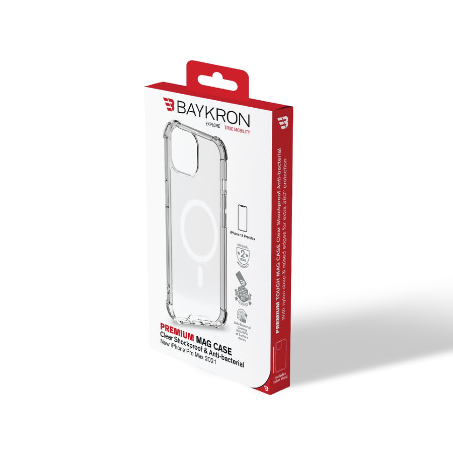 جراب BAYKRON Premium Mag لهاتف iPhone 13 Pro Max 6.7 بوصة مع حزام حمل من النايلون الفاخر - مقاوم للصدمات ومضاد للبكتيريا - شفاف