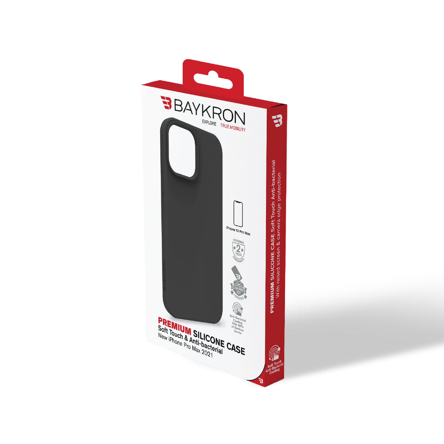 جراب BAYKRON من السيليكون الفاخر لهاتف iPhone 13 Pro Max 6.7 بوصة - مقاوم للصدمات ، ولمسة نهائية ناعمة الملمس مع طلاء مضاد للبكتيريا - أسود