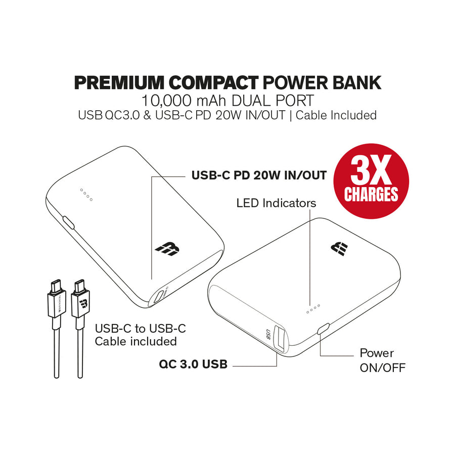 BAYKRON Compact Power Bank 10000 mAh, USB-C PD 20W and QC 3.0 ports  - Black