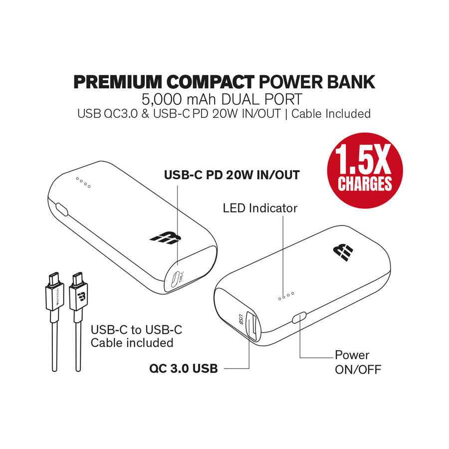 BAYKRON Compact Power Bank 5000 mAh, USB-C PD 20W and QC 3.0 ports  - Black