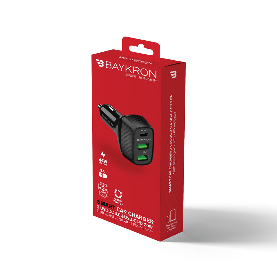 BAYKRON Smart Car Charger with 3 Charging Ports; 2 Qualcomm Quick Charge™ (QC3.0) Ports and USB Type-C™ Power Delivery 20W