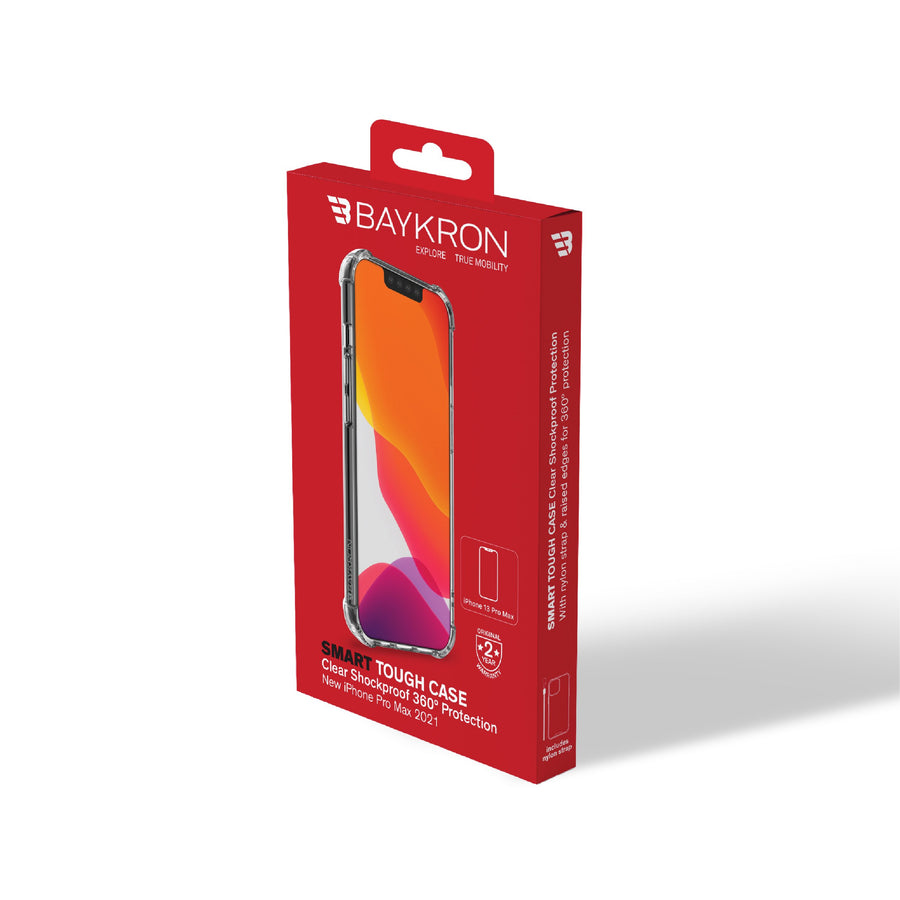 جراب BAYKRON الذكي المتين لهاتف iPhone 13 Pro Max 6.7 بوصة مع حزام حمل من النايلون - مقاوم للصدمات ، شفاف كريستالي مع تقنية مقاومة الاصفرار