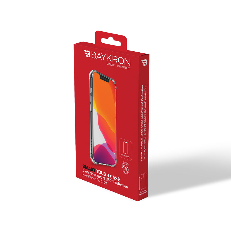 جراب BAYKRON الذكي المتين لهاتف iPhone 13 Pro 6.1 بوصة مع حزام حمل من النايلون - مقاوم للصدمات ، شفاف كريستالي مع تقنية مقاومة الاصفرار