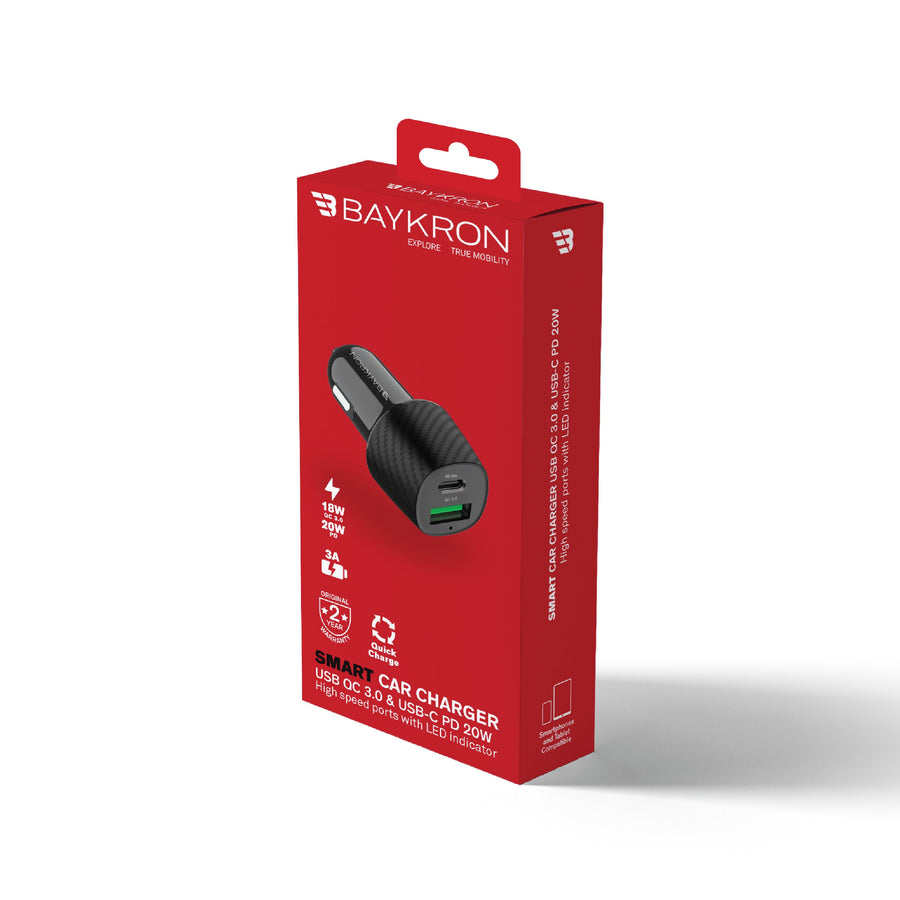 BAYKRON Smart 36W Car Charger with Qualcomm Quick Charge™ (QC3.0) and USB Type-C™ Power Delivery 20W