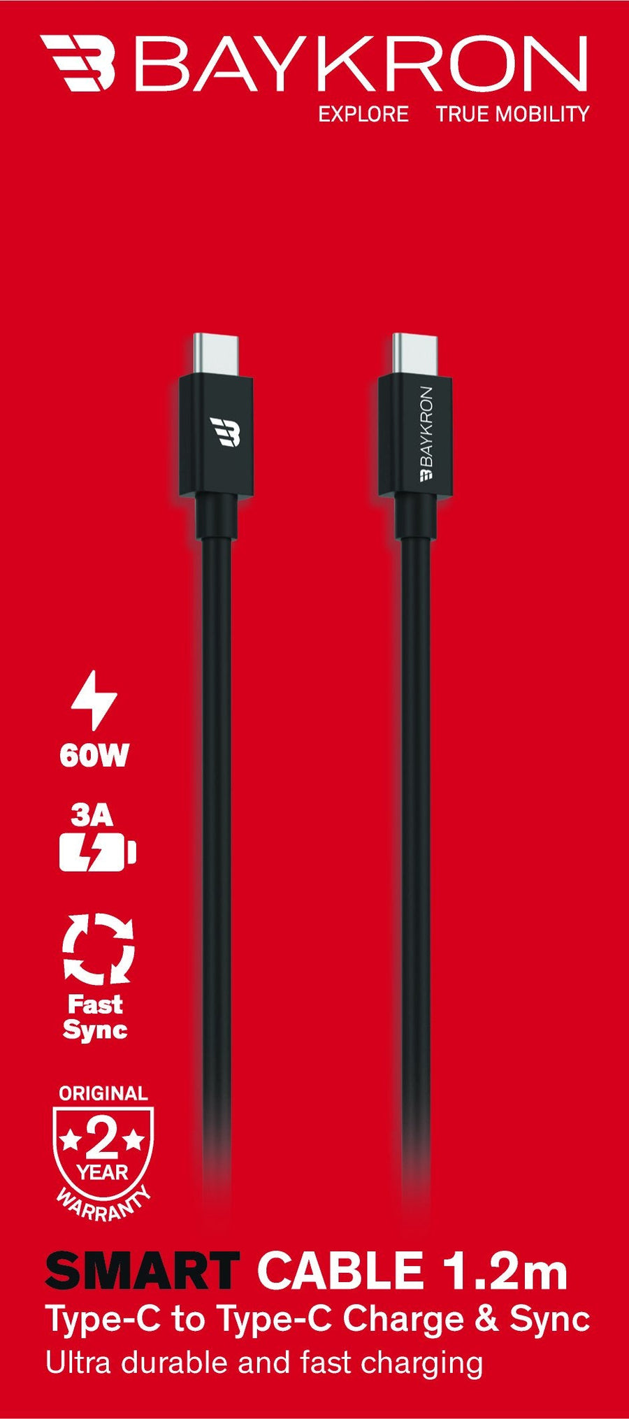 BAYKRON 1.2M Smart USB-C to USB-C Cable, 3.0A / 60W