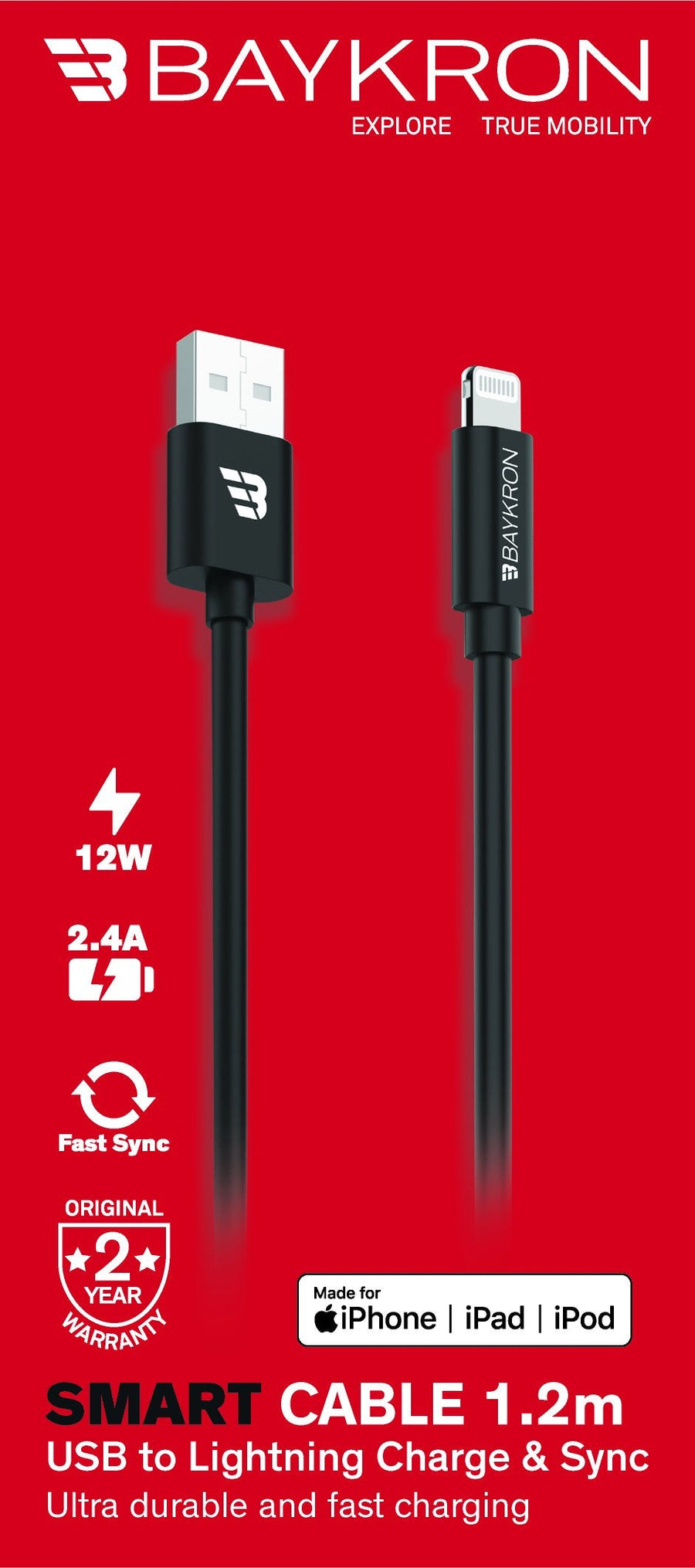 كابل بايكرون الذكي 1.2 متر معتمد من MFI USB-A إلى Lightning ، 2.4A