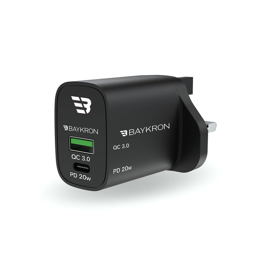 BAYKRON 36W Fast Charging Dual Port Wall Charger with Type-C™ Power Delivery 20W + QC3.0 technology for UK Standard Outlets