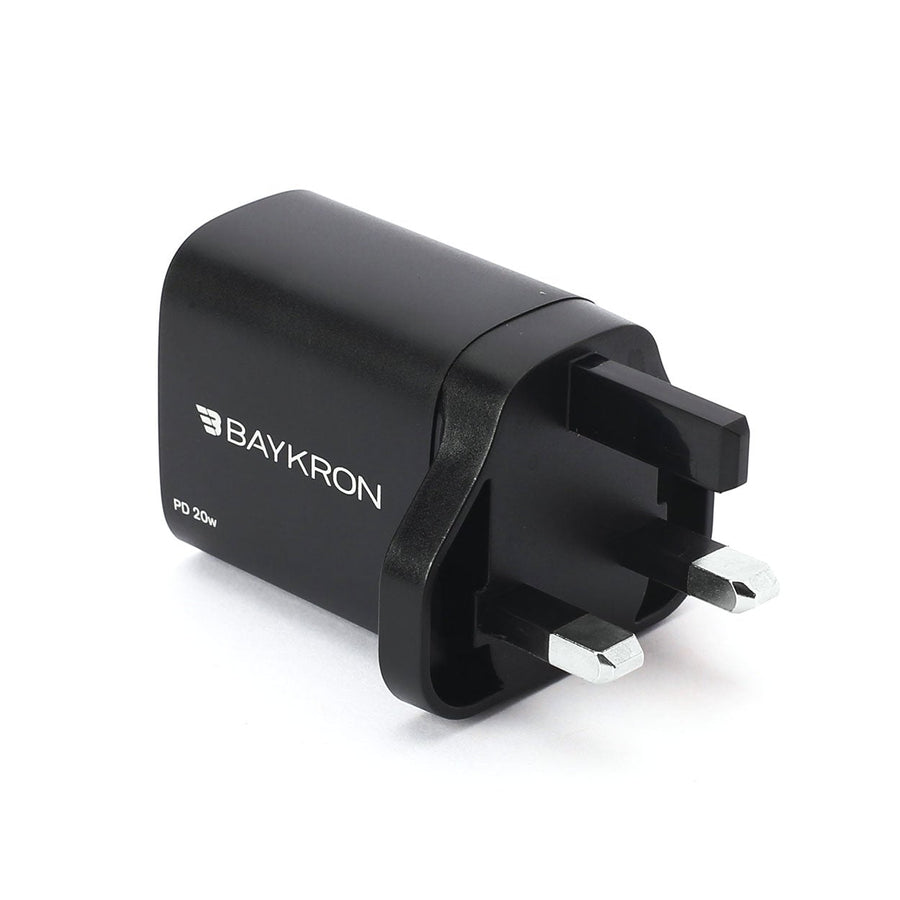 شاحن حائط محمول BAYKRON بقوة 20 واط مزود بمنفذ توصيل الطاقة (PD) USB-C للمنافذ القياسية في المملكة المتحدة