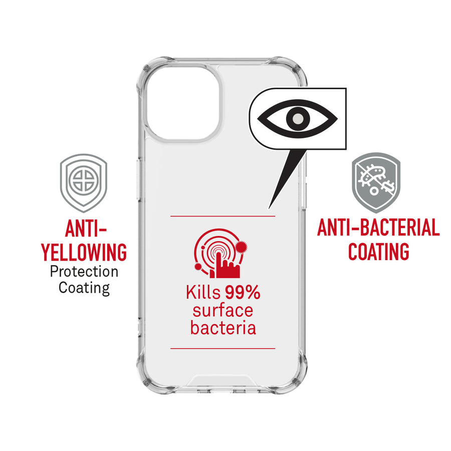 بايكرون غطاء متين متميز لجوال آيفون 14 مع حزام حمل من النايلون الفاخر - مقاوم للصدمات ومضاد للبكتيريا - شفاف