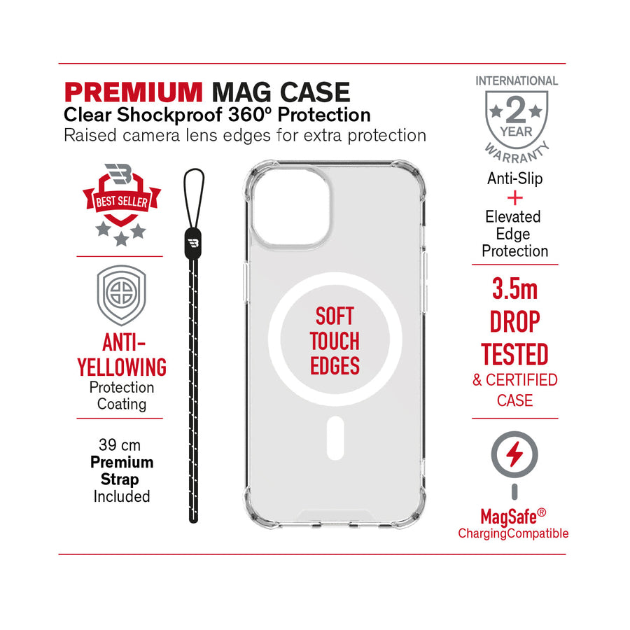 BAYKRON Premium Mag Case  for iPhone® 15 Plus 6.7" with Deluxe Nylon Carry Strap - Shockproof and Anti-fingerprint - Clear