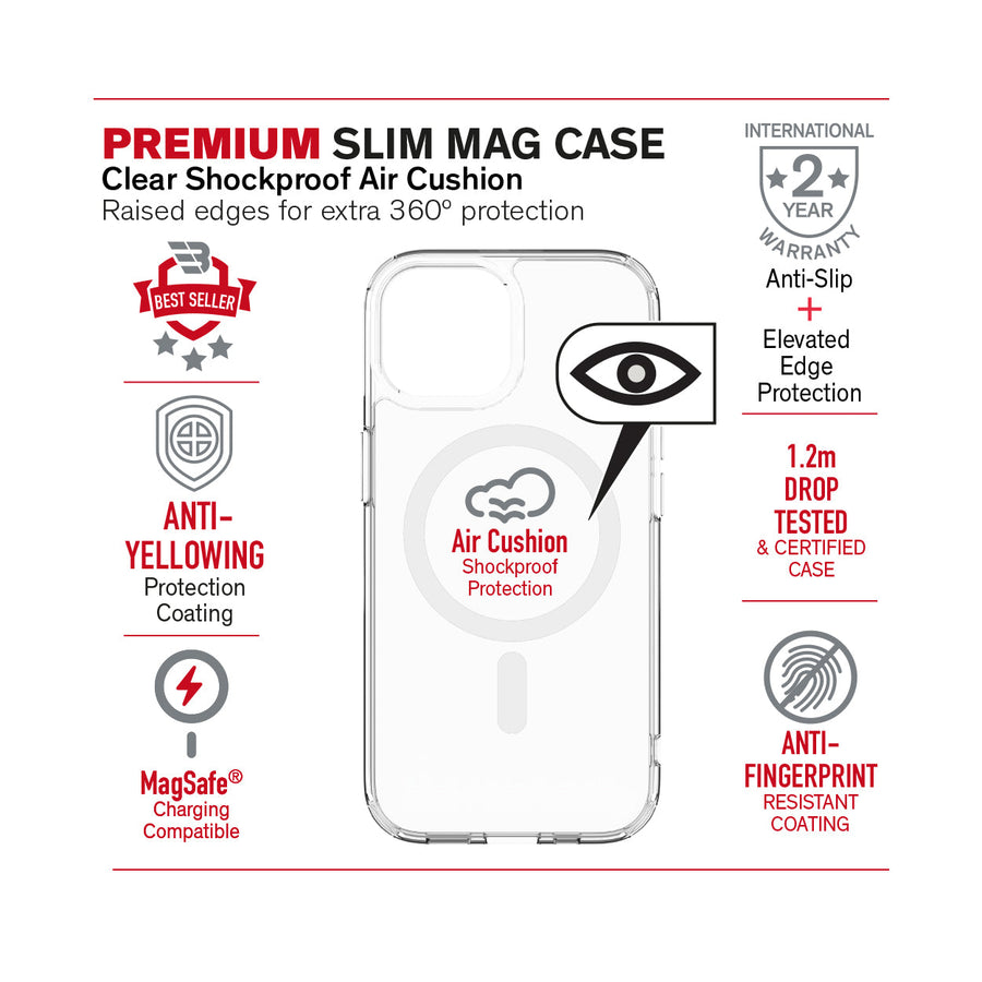 بايكرون Premium Slim Clear MagSafe مقاوم للصدمات ومضاد للأصفر لهاتفPlus iPhone 15