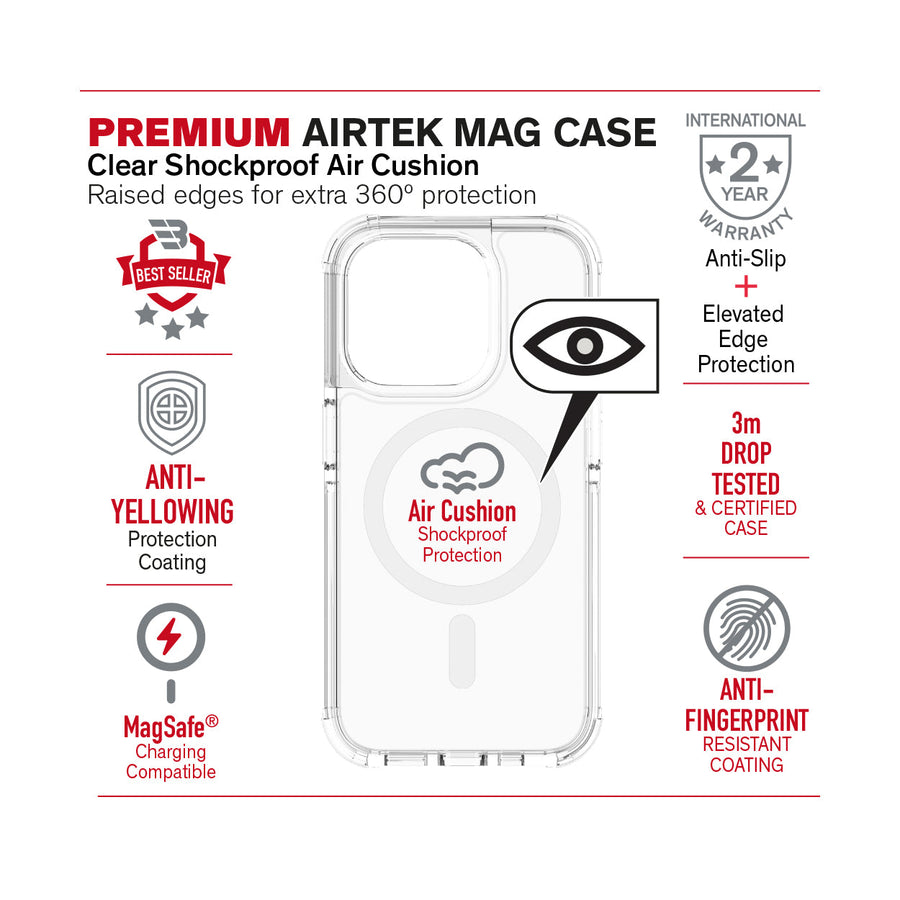 BAYKRON Premium AirTek Pro Mag Case for iPhone® 15 Pro Max 6.7" with Air Cushion Shockproof Protection and MagSafe® Compatible - Clear
