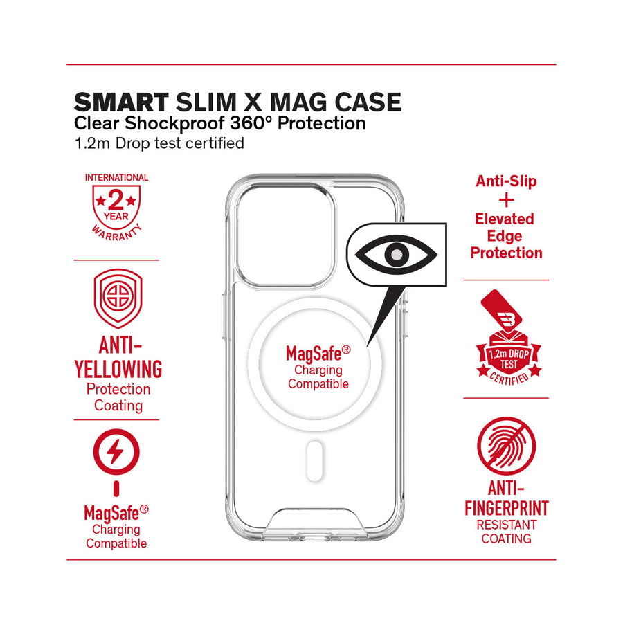 BAYKRON Smart Slim X Mag Case for iPhone 15 Pro Max 6.7" Air Cushion Shockproof Protection and MagSafe® Compatible - Clear